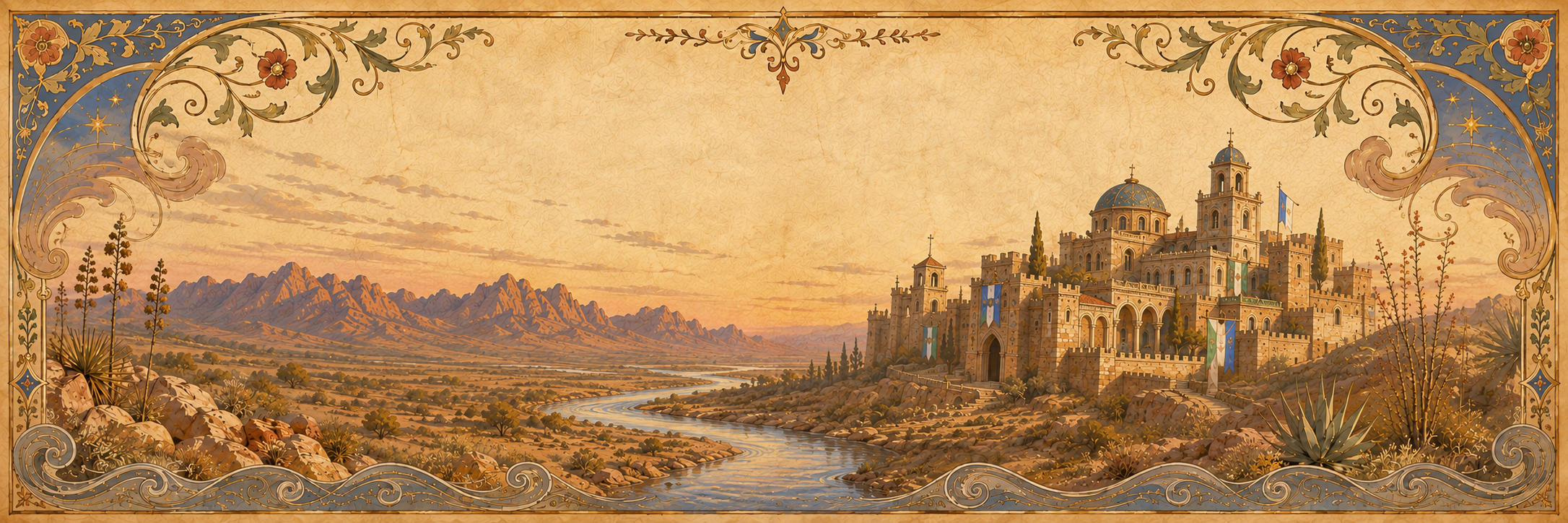 Desert evening castle and river landscape